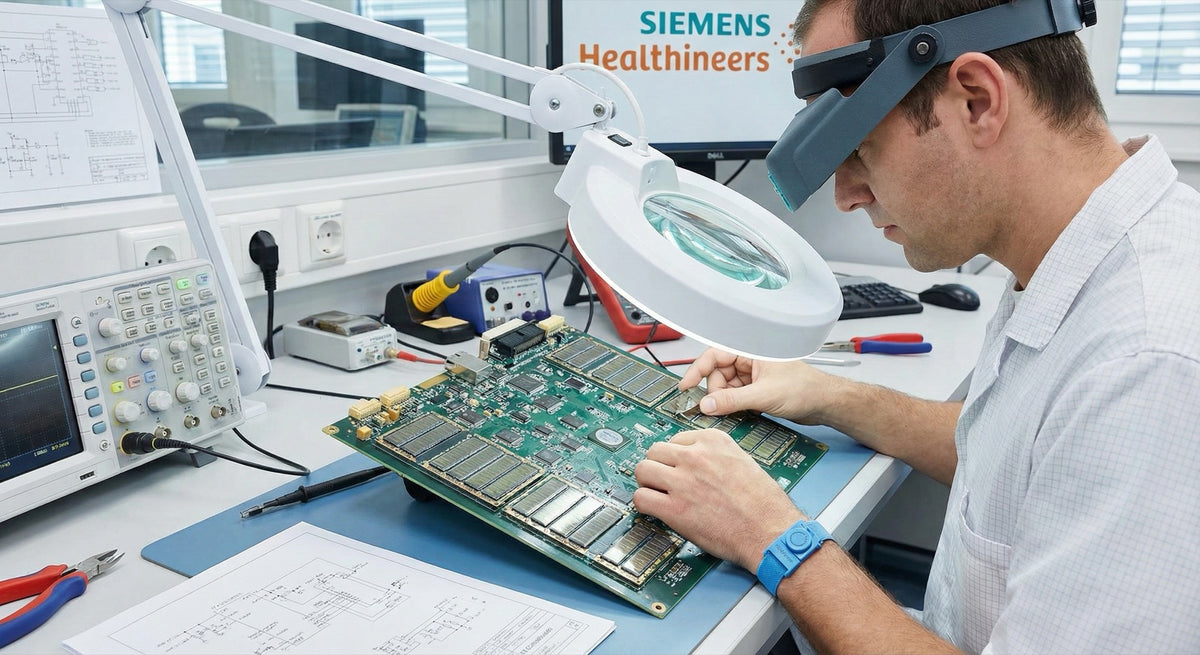 Technician inspecting CT detector board on medical imaging workbench