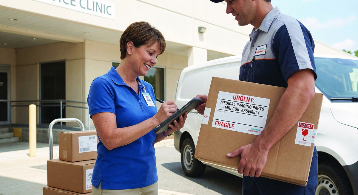 Customer receiving labeled medical imaging parts delivery