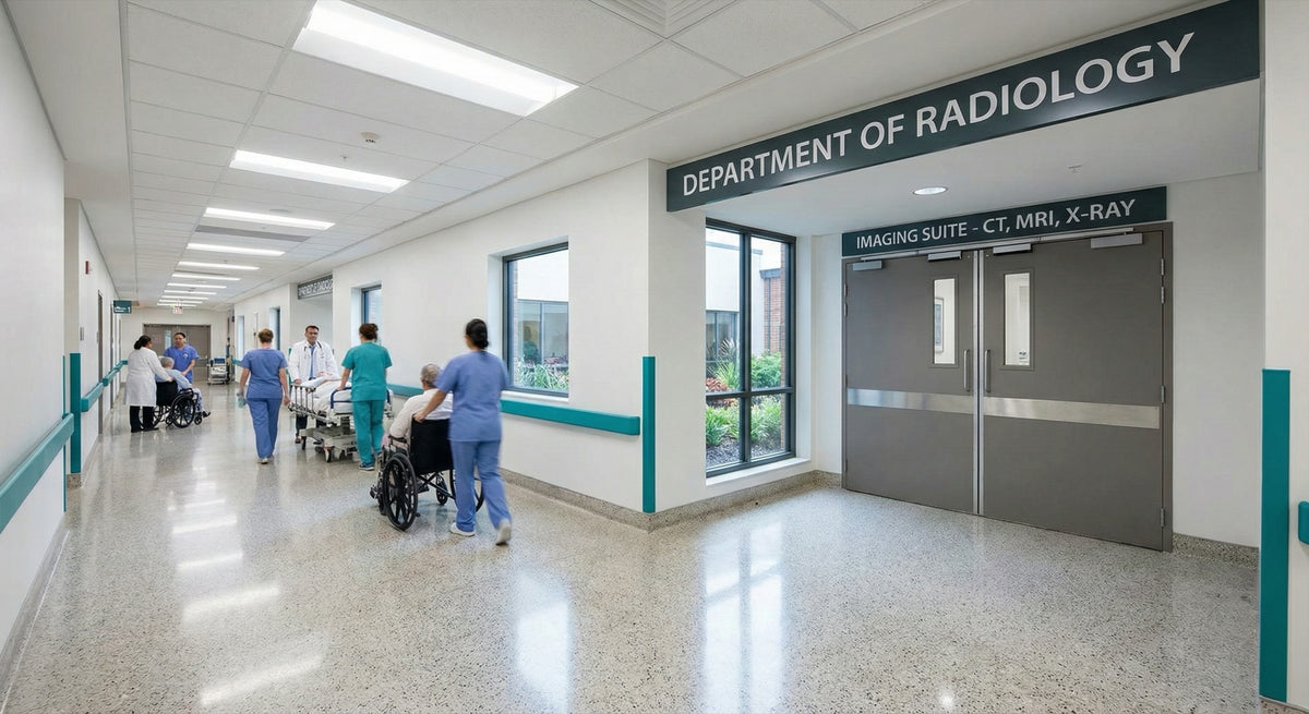 Hospital corridor leading to radiology imaging suite