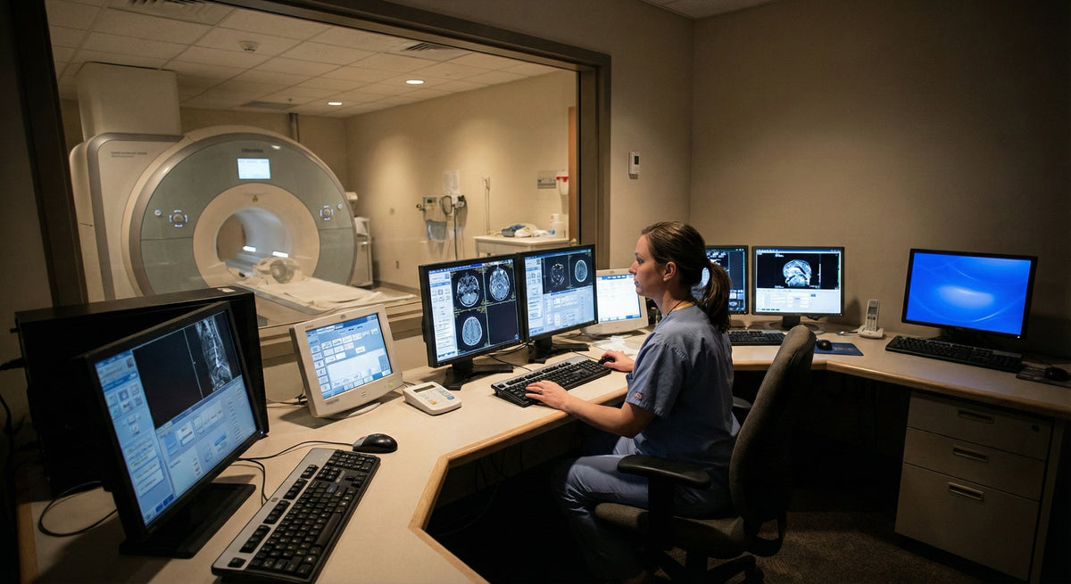 MRI control room with operator at imaging console