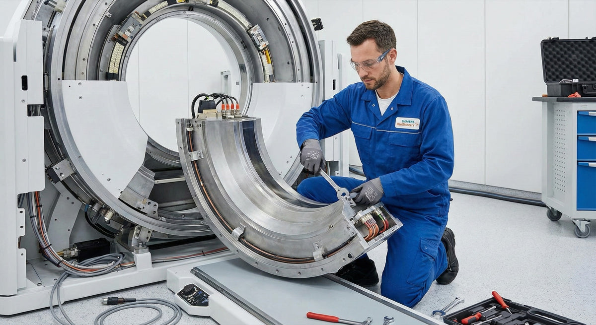 Service technician installing imaging gantry component